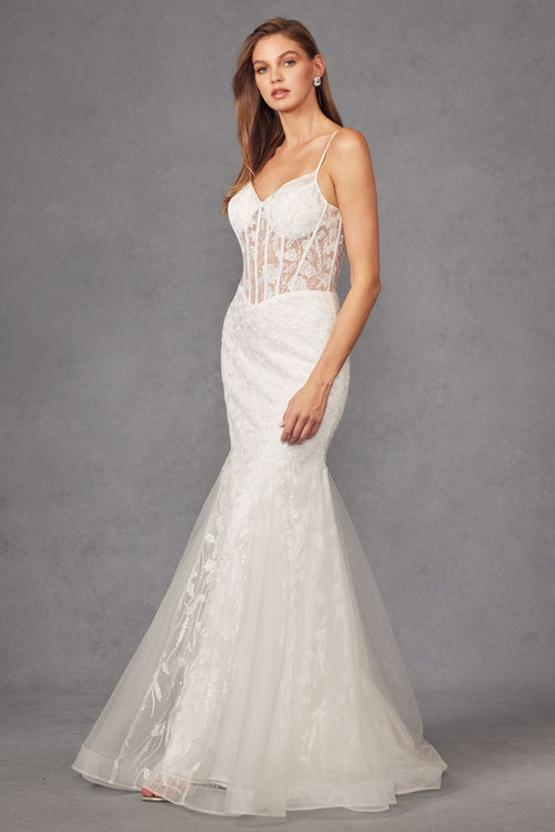 Juliet 2441SW Embroidered Illusion V-Neck Tulle Mermaid Dress