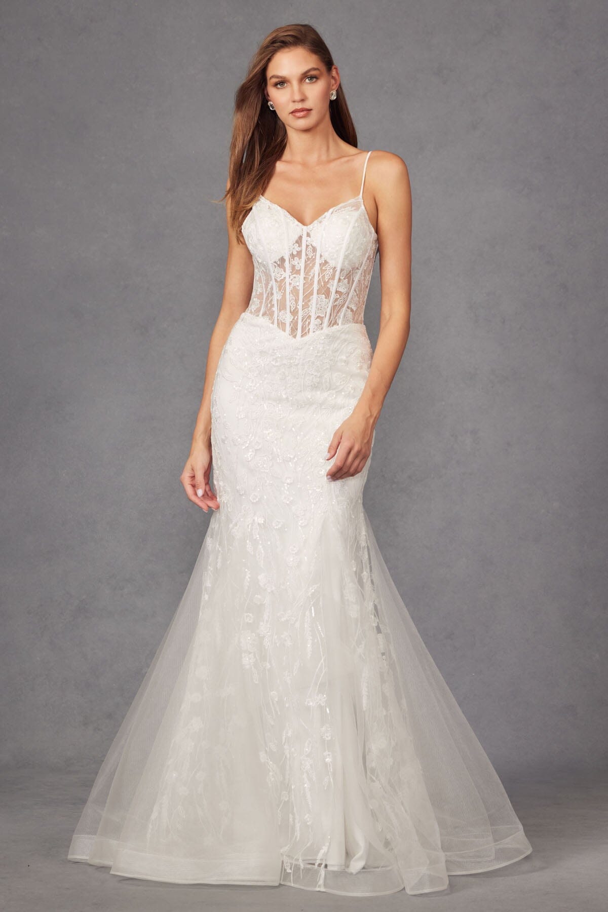 Juliet 2441SW Embroidered Illusion V-Neck Tulle Mermaid Dress