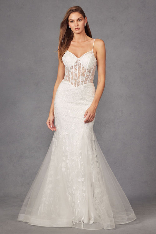 Juliet 2441SW Embroidered Illusion V-Neck Tulle Mermaid Dress