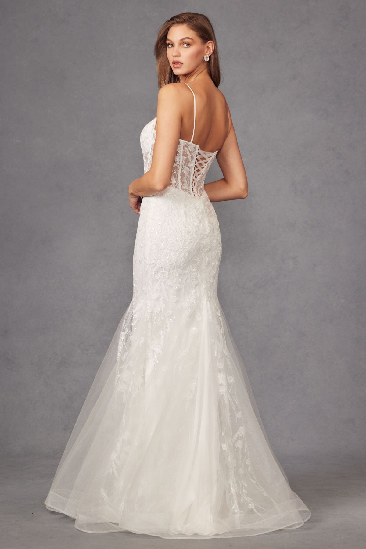 Juliet 2441SW Embroidered Illusion V-Neck Tulle Mermaid Dress