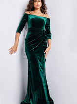 Emerald Green Dress Jovani 36458 - Velvet Quarter Sleeve Evening Gown