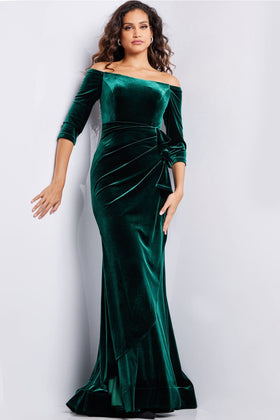 Emerald Green Dress Jovani 36458 - Velvet Quarter Sleeve Evening Gown
