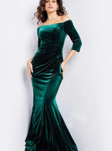 Emerald Green Dress Jovani 36458 - Velvet Quarter Sleeve Evening Gown