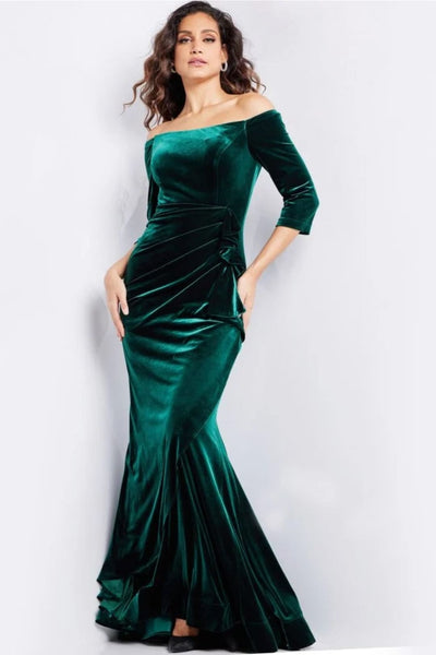 Emerald Green Dress Jovani 36458 - Velvet Quarter Sleeve Evening Gown - Emerald / 00 - Prom