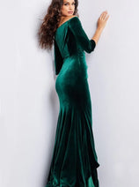 Emerald Green Dress Jovani 36458 - Velvet Quarter Sleeve Evening Gown