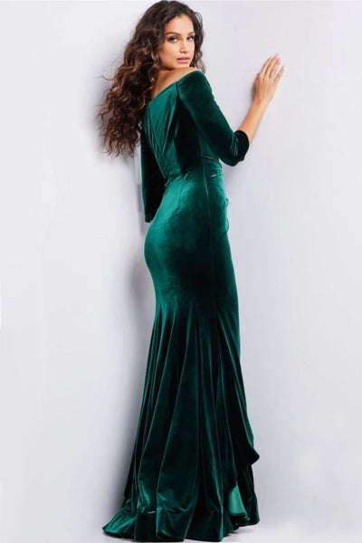 Emerald Green Dress Jovani 36458 - Velvet Quarter Sleeve Evening Gown - Emerald / 00 - Prom