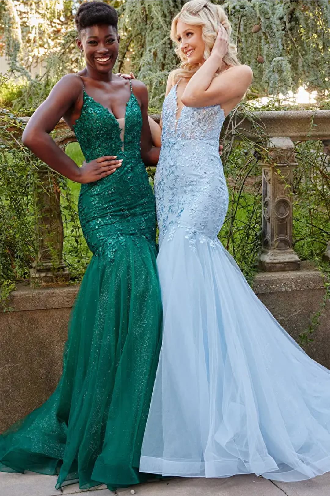 Emerald Green Dress JVN07398 Navy Plunging Neckline Mermaid Prom Dress - Emerald Green / 00