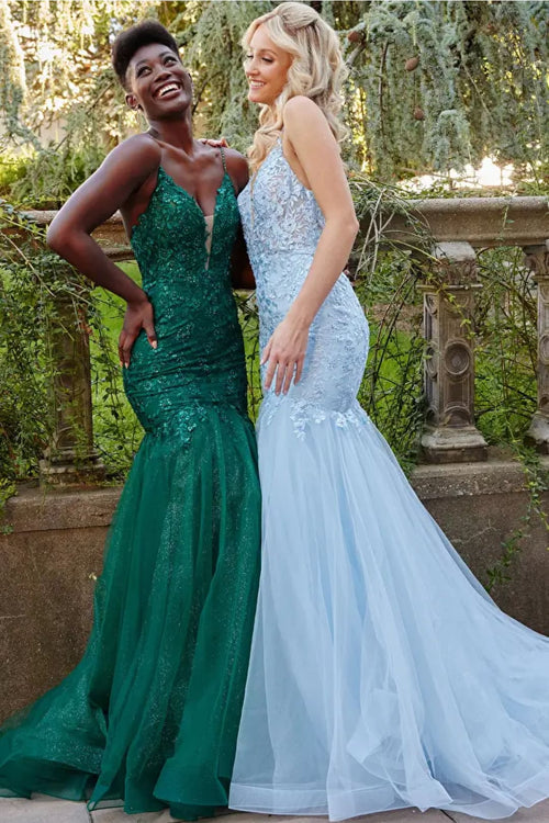 Emerald Green Dress JVN07398 Navy Plunging Neckline Mermaid Prom Dress