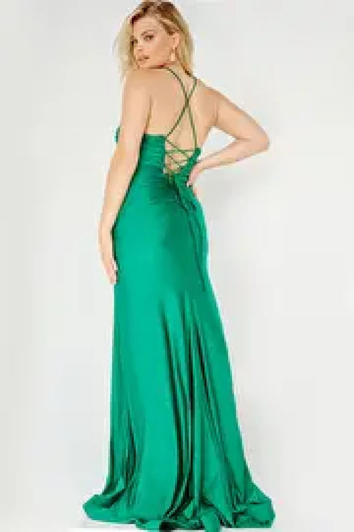 Emerald Green Dress JVN22312 Emerald Spaghetti Strap High Slit Plus Size Prom Dress