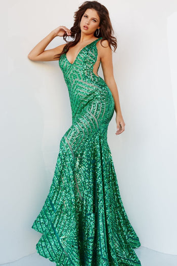 Emerald Green Jovani Sequin Prom Dress 24097 - Emerald / 00 - Apparel & Accessories > Clothing > Dresses