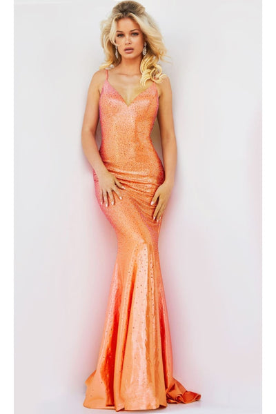 Empire-Waist Long Beaded Prom Dress: Jovani 220110 - Orange / 00 - Apparel & Accessories > Clothing > Dresses