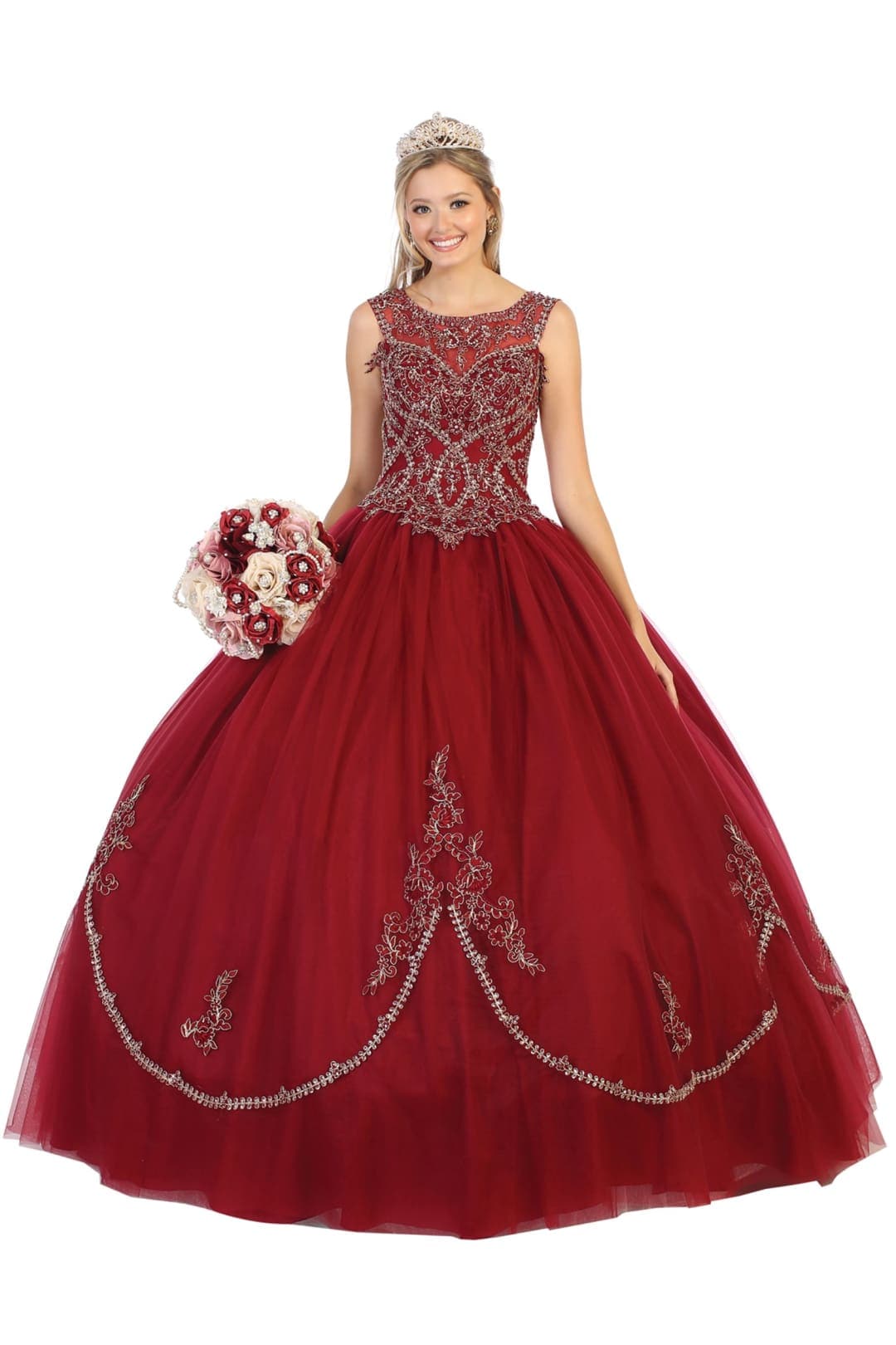 Enchanting Quinceanera Ball Gown - Burgundy/Gold / 4