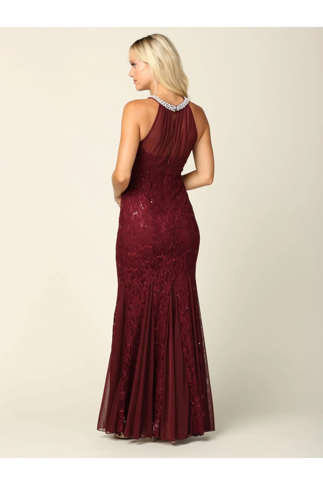 Eva USA 3202 Long Fitted Formal Halter Lace Chiffon Dress - Formal Dress