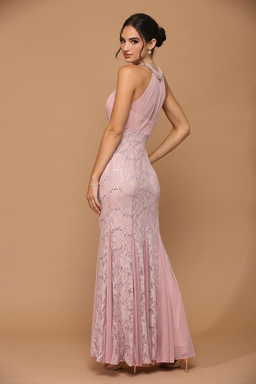 Eva USA 3202 Long Fitted Formal Halter Lace Chiffon Dress - Formal Dress