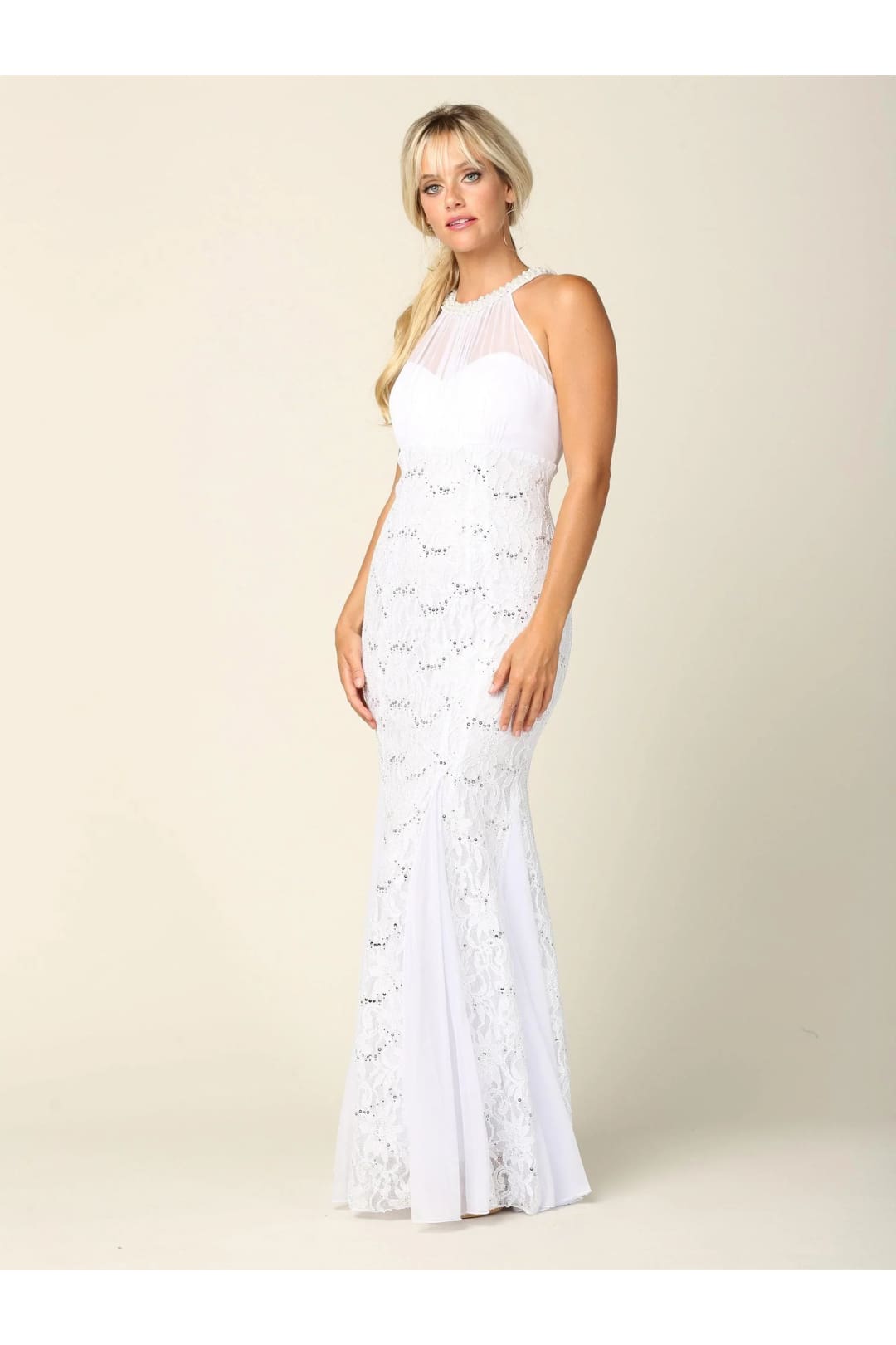 Eva USA 3202 Long Fitted Formal Halter Lace Chiffon Dress - Formal Dress