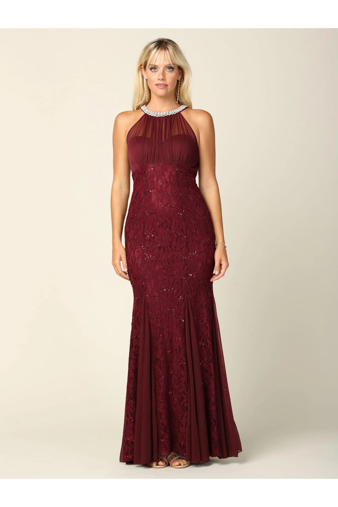 Eva USA 3202 Long Fitted Formal Halter Lace Chiffon Dress - Formal Dress