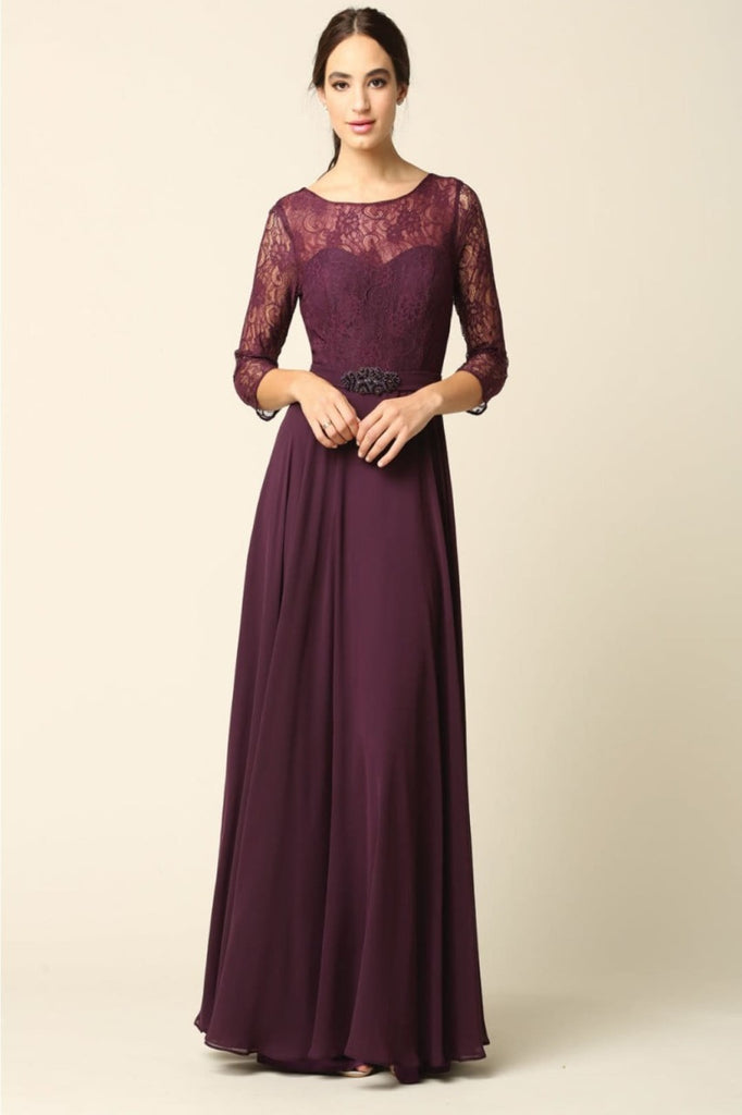 Eva USA 3227 A-Line Lace Detailed Mother of the Bride Gown - PLUM / S - Dress