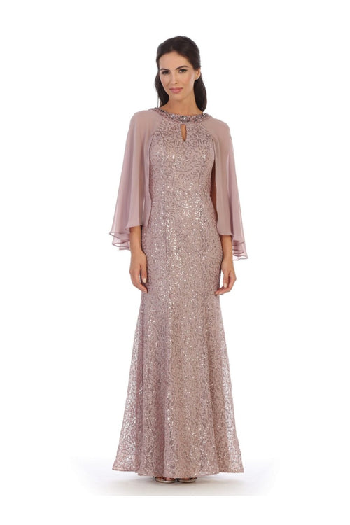Eva USA 3276 Mother of the Bride Key-Hole Neck Sequin Cape Dress - Dress