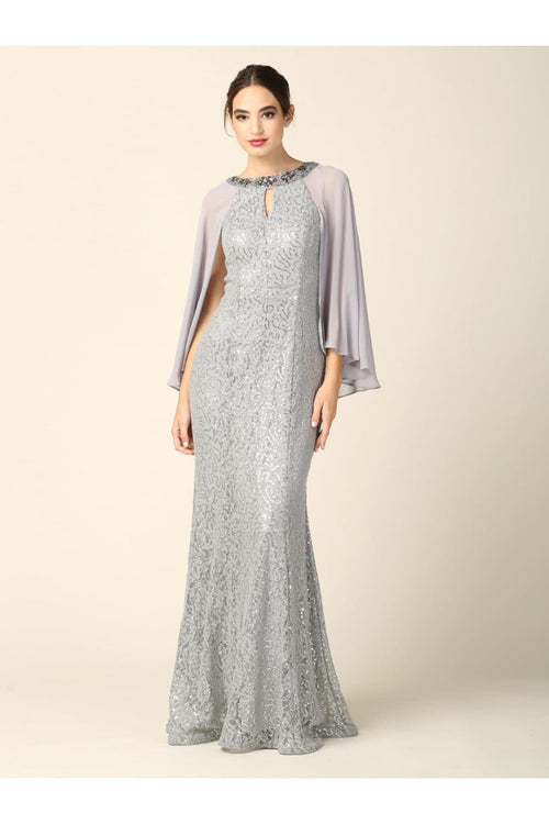 Eva USA 3276 Mother of the Bride Key-Hole Neck Sequin Cape Dress - Dress