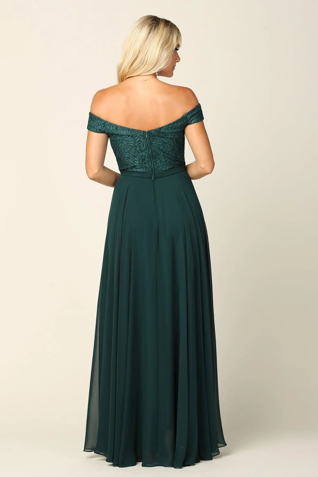 Eva USA 3283 Long Off Shoulder Lace Bodice Bridesmaids Dress