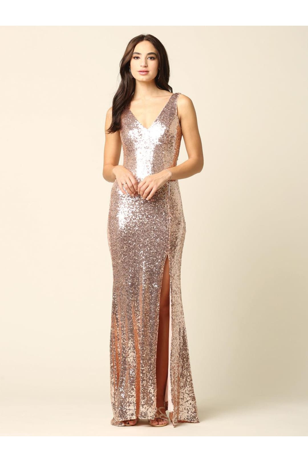 Eva USA 3322 Long Formal Sleeveless Sequins Fitted Dress - Rose Gold / XS - Formal Dress