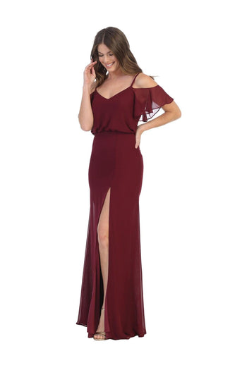 Eva Usa 3333 - Off-Shoulder Long Bridesmaids Blouson Dress - Burgundy / XS - Bridesmaids Dress