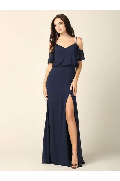 Eva Usa 3333 - Off-Shoulder Long Bridesmaids Blouson Dress - Navy / XS - Bridesmaids Dress