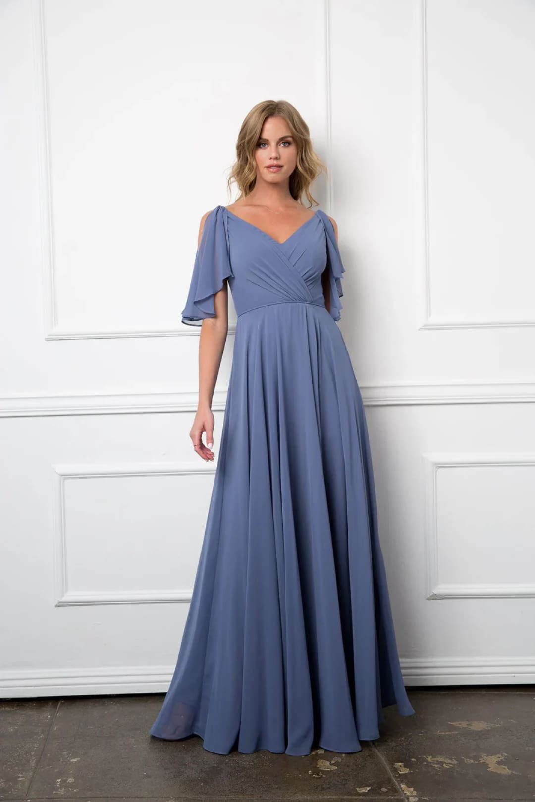 Eva USA 3345 Long Bridesmaids Formal Chiffon Dress - Slate Blue / XS - Bridesmaids Dress