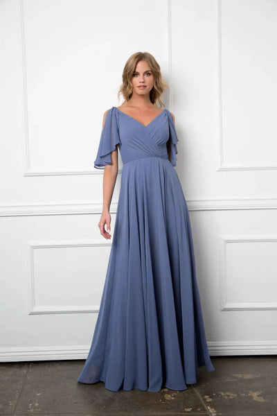 Eva USA 3345 Long Bridesmaids Formal Chiffon Dress - Slate Blue / XS - Bridesmaids Dress