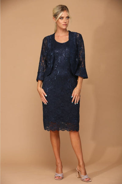 Eva USA 3347 Mother of the Bride Knee Length Cocktail 2-PC Dress - NAVY / S - Dress