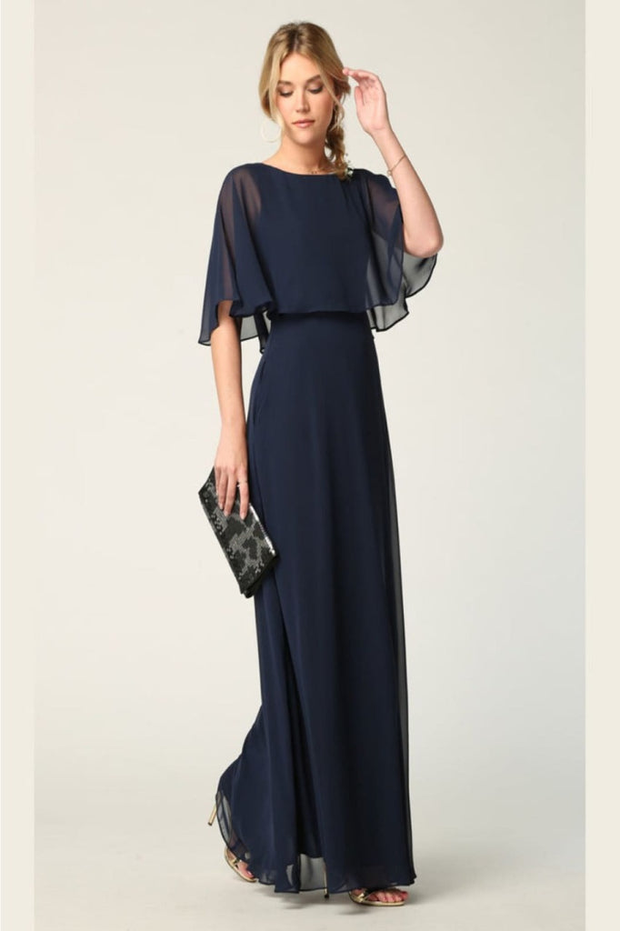 Eva USA 3348 Chiffon Mother of the Bride Gown W/ Pockets - NAVY / S - Dress