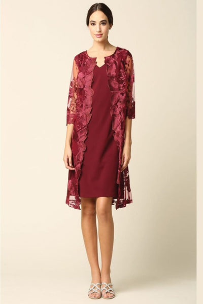 Eva USA 3351 Lace 3/4 Sleeve Jacket Mother of the Bride Dress - BURGUNDY / S - Dress