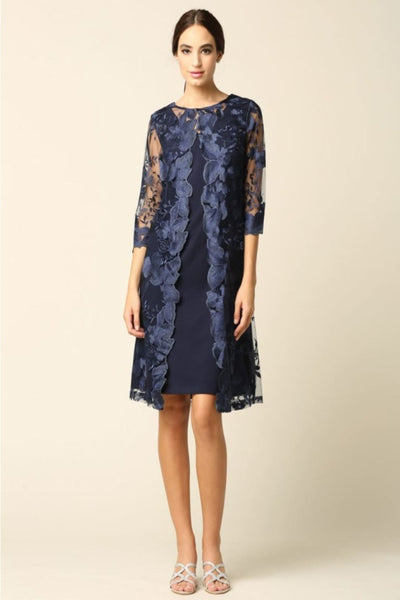 Eva USA 3351 Lace 3/4 Sleeve Jacket Mother of the Bride Dress - NAVY / S - Dress