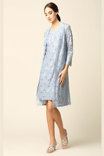Eva USA 3365 2-PC Knee Length Mother of the Bride Dress W/ Jacket - DUSTY BLUE / S - Dress