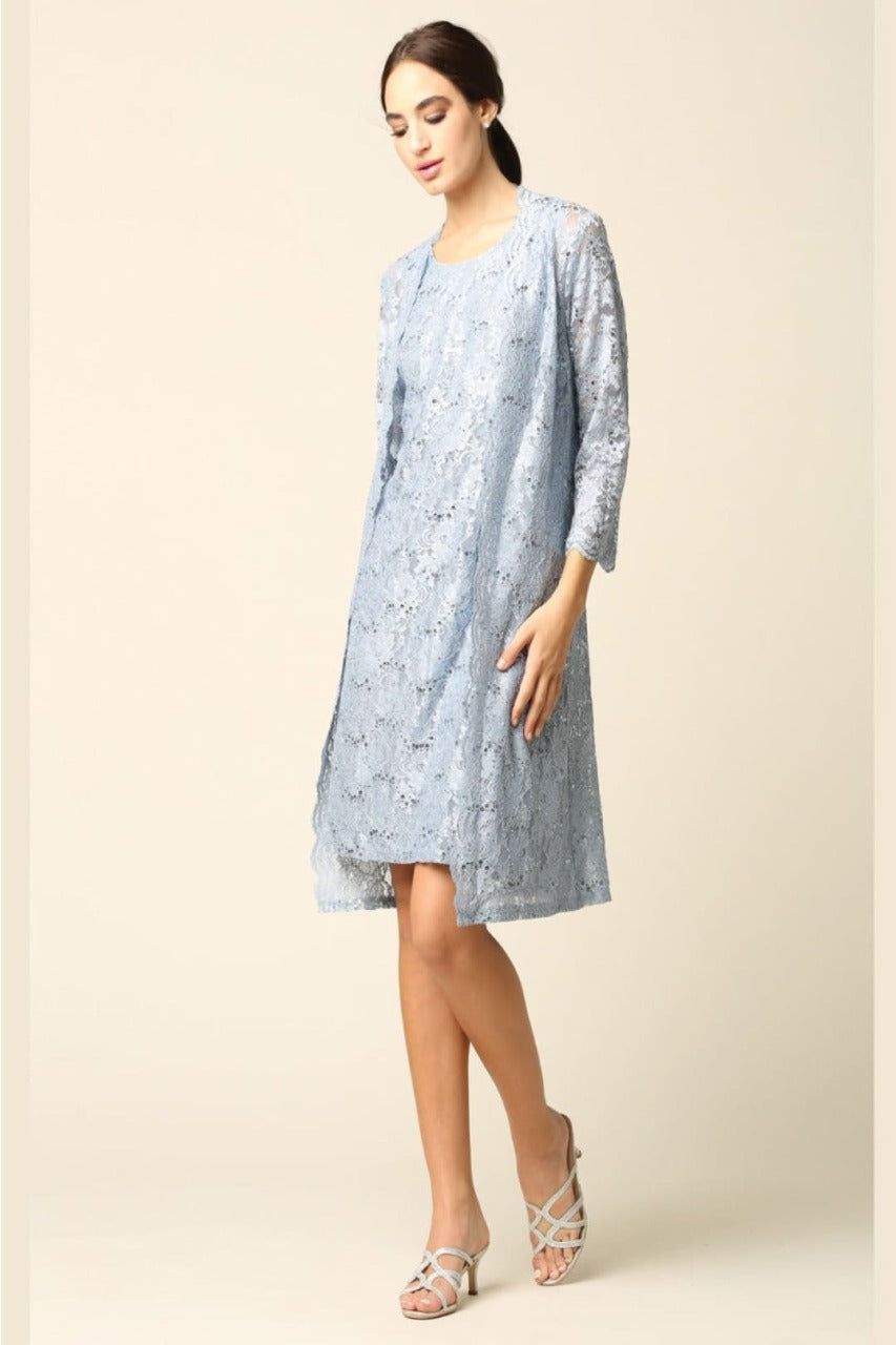 Eva USA 3365 2-PC Knee Length Mother of the Bride Dress W/ Jacket - DUSTY BLUE / S - Dress