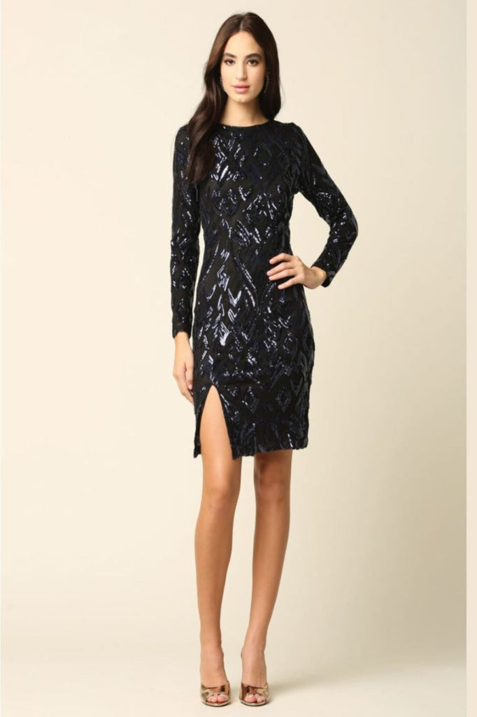 Eva USA 3374 Long Sleeve Sequin Short Semi-Formal Dress - NAVY / S - Dress