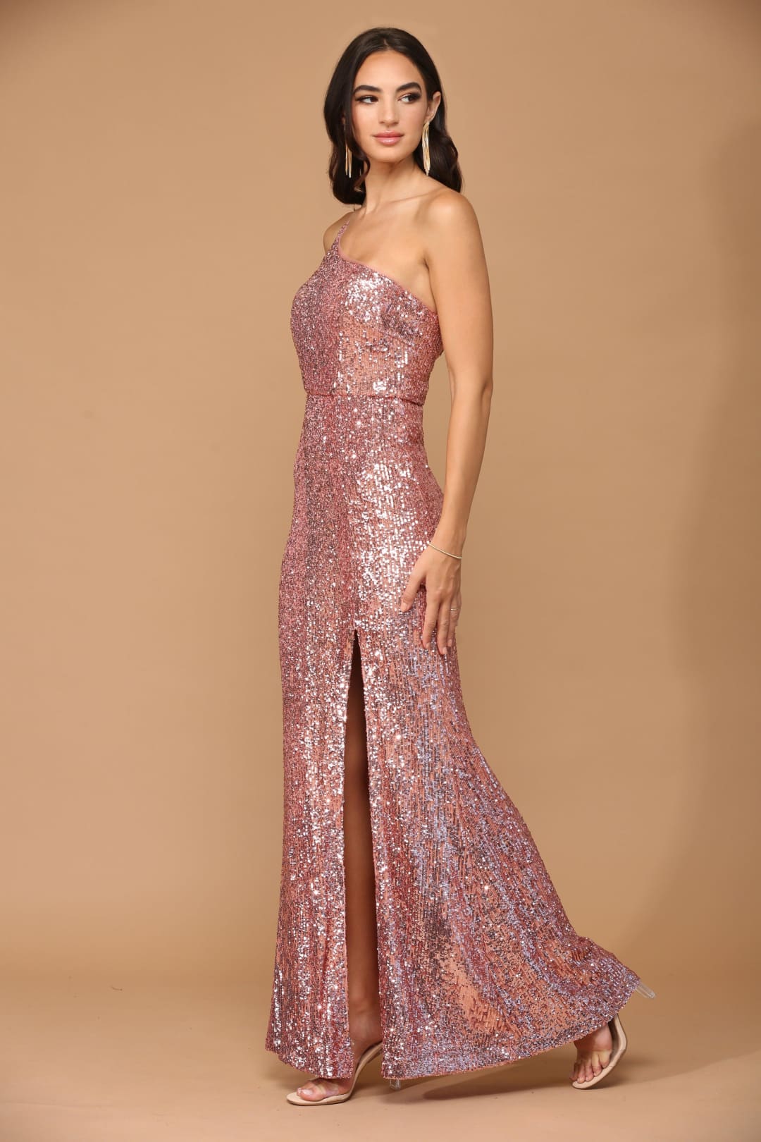 Eva USA 3376 Long One Shoulder Formal Fitted Prom Dress - Dusty Rose / XS - Prom Long Dress