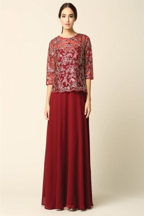 Eva USA 3377 One Piece Georgette Mother of the Bride Evening Dress - BURGUNDY / S - Dress