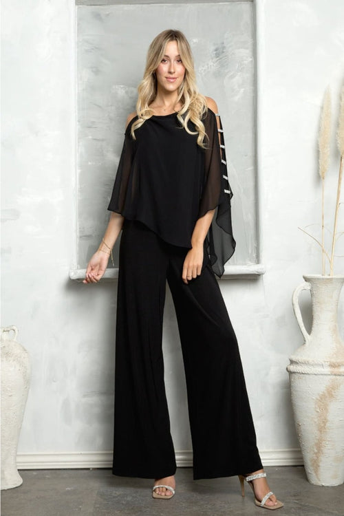 Eva USA 3381 Cape Overlay Stretch Jersey Formal Jumpsuit - BLACK / S - Dress