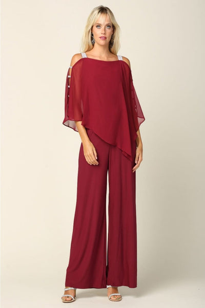 Eva USA 3381 Cape Overlay Stretch Jersey Formal Jumpsuit - BURGUNDY / S - Dress