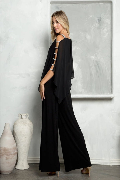 Eva USA 3381 Cape Overlay Stretch Jersey Formal Jumpsuit - BLACK / S - Dress