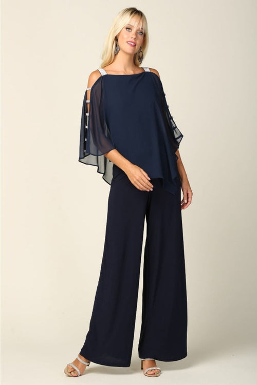 Eva USA 3381 Cape Overlay Stretch Jersey Formal Jumpsuit - Dress
