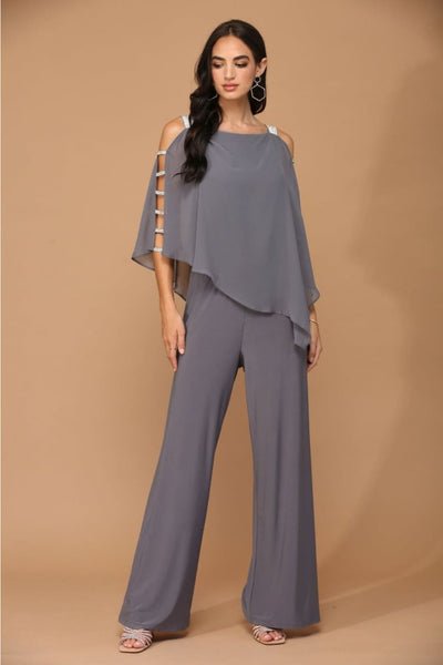 Eva USA 3381 Cape Overlay Stretch Jersey Formal Jumpsuit - CHARCOAL / S - Dress