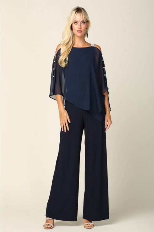 Eva USA 3381 Cape Overlay Stretch Jersey Formal Jumpsuit - NAVY / S - Dress