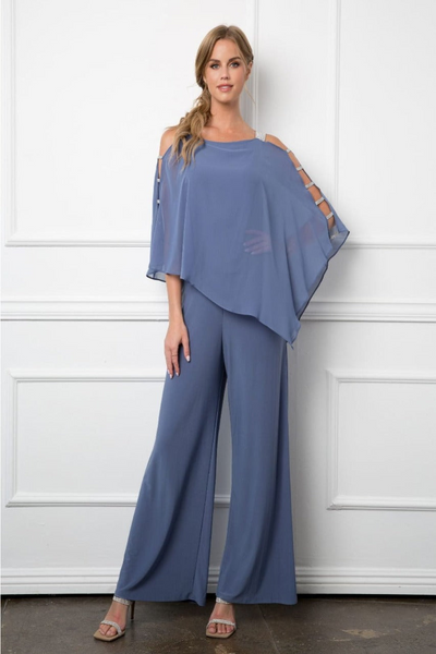 Eva USA 3381 Cape Overlay Stretch Jersey Formal Jumpsuit - SLATE BLUE / S - Dress