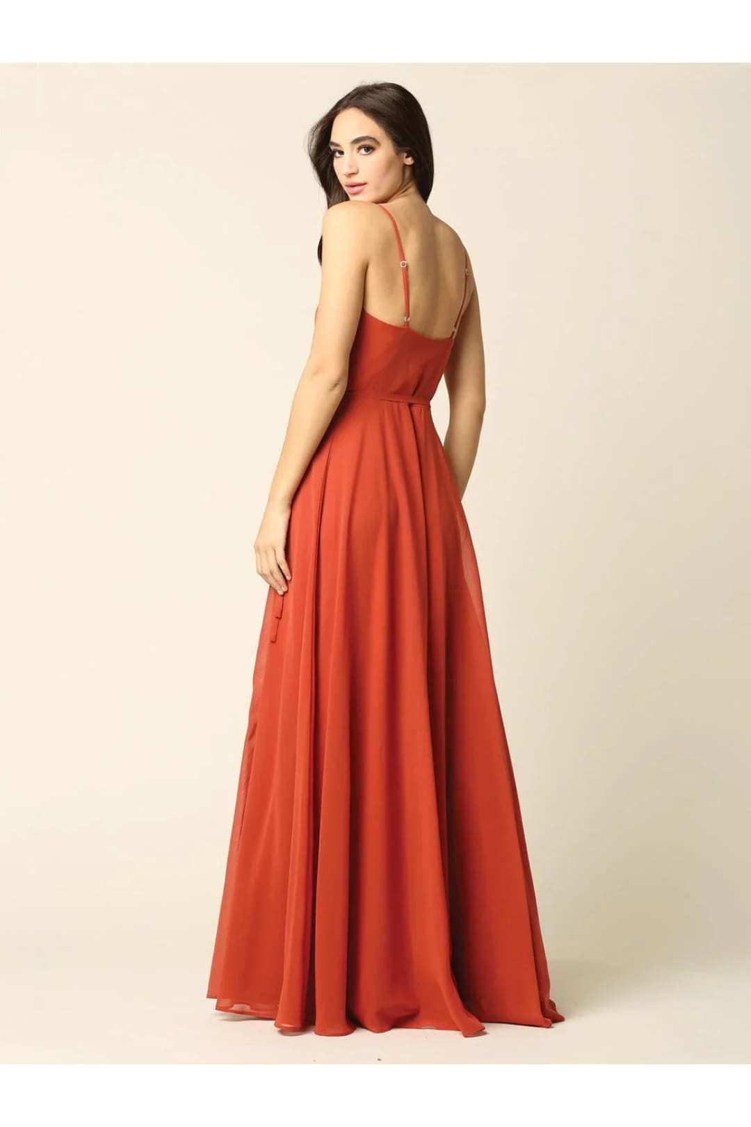 Eva USA 3382 Long Spaghetti Strap Chiffon Wrap Bridesmaids Gown - Rust / XS - Bridesmaids Dress