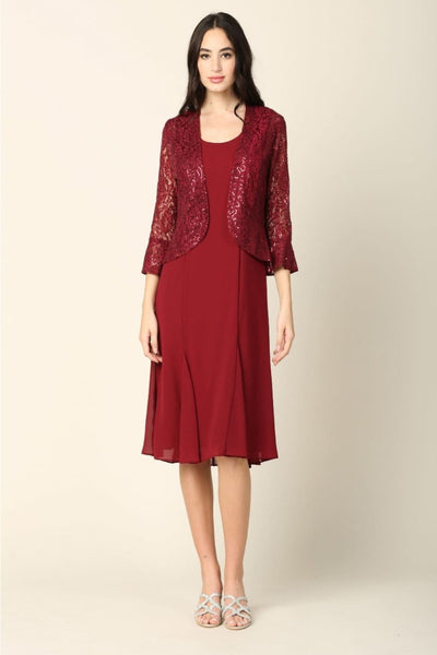 Eva USA 3385 Mother of the Bride Knee-Length 2-PC Dress W/ Jacket - BURGUNDY / S - Dress