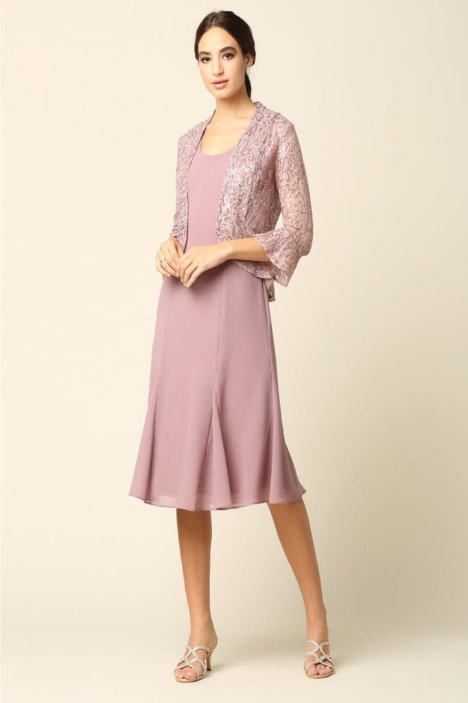 Eva USA 3385 Mother of the Bride Knee-Length 2-PC Dress W/ Jacket - MAUVE / S - Dress