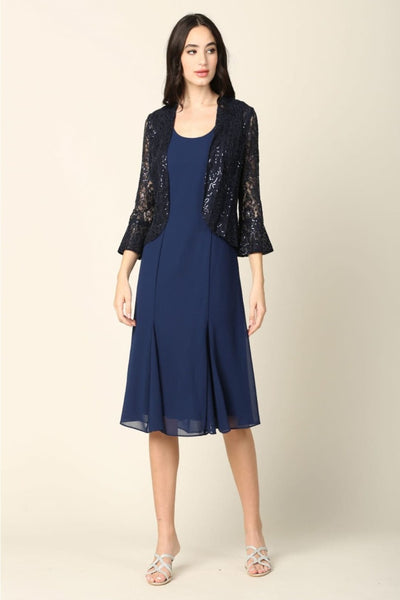 Eva USA 3385 Mother of the Bride Knee-Length 2-PC Dress W/ Jacket - NAVY / S - Dress