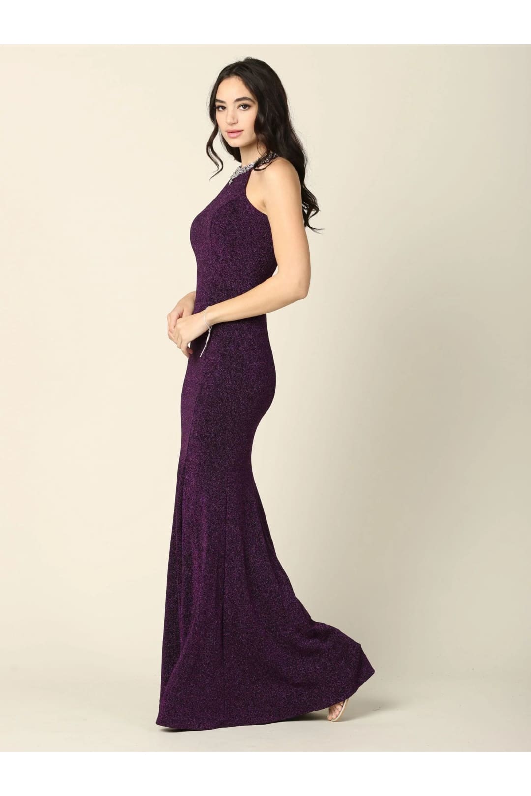 Eva USA 3396 Long Fitted Halter Metallic Prom Dress - Prom Long Dress